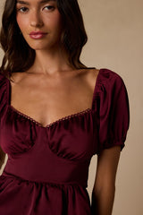 Romi Burgundy Satin Puff Sleeve Peplum Top