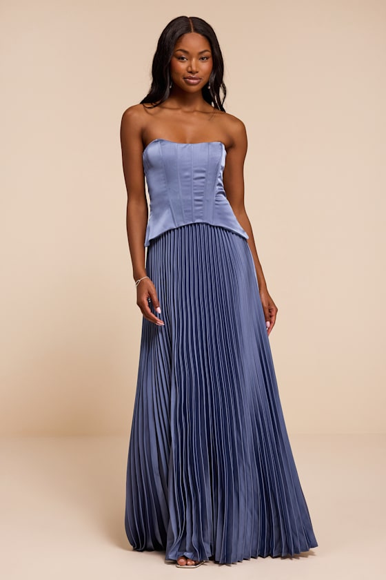Makani Slate Blue Satin Bustier Maxi Dress