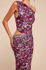 Veya Purple Multi Floral Mesh Asymmetrical Maxi Dress