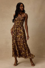 Rhodora Brown Multi Abstract Smocked Midi Dress