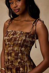 Rhodora Brown Multi Abstract Smocked Midi Dress