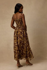 Rhodora Brown Multi Abstract Smocked Midi Dress