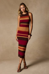 Jalene Brown Multi Striped Ribbed Knit Midi Dress