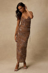 Avis Brown Sequin Beaded Midi Skirt