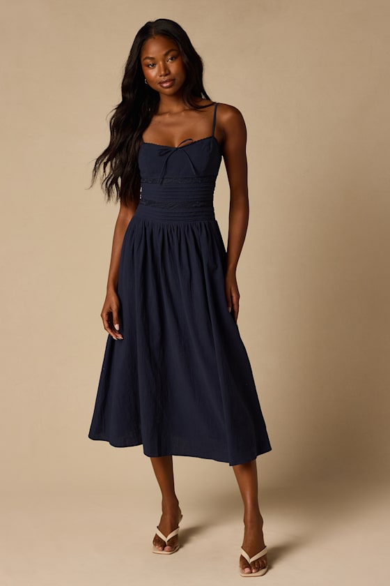 Elina Navy Pleated Midi Dress