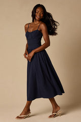 Elina Navy Pleated Midi Dress