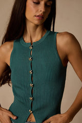 Conceptually Chic Teal Ribbed Knit Button-Front Tank Top