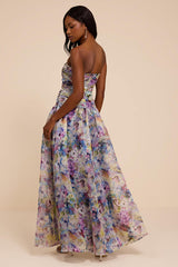 Kasandra Light Blue Multi Floral Organza Drop Waist Maxi Dress