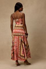 Cerina Red Multi Boho Print Satin Wrap Maxi Dress