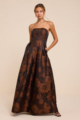 Laurelin Brown Floral Jacquard Pleated Strapless Maxi Dress