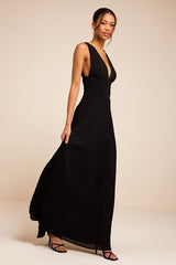 Kelina Black Pleated Drop Waist Maxi Dress