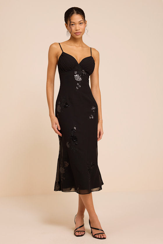Minx Black Sequin Lace-Up Midi Dress