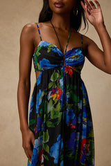 Jenny Black Floral Print Strappy Tie-Back Maxi Dress