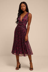 Evaluna Plum Abstract Print Lurex Pleated Midi Dress