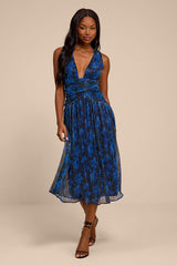 Evaluna Blue Abstract Print Lurex Pleated Midi Dress