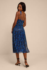 Evaluna Blue Abstract Print Lurex Pleated Midi Dress