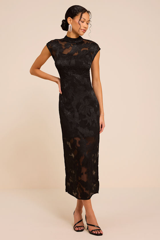 Tensely Black Floral Jacquard Cap Sleeve Midi Dress
