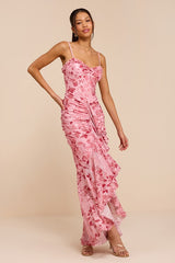 Zella Pink Multi Floral Mesh Ruffled Maxi Dress