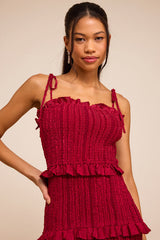 Aymana Berry Red Smocked Bodycon Midi Dress