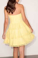 Sweet Perception Light Yellow Lace Strapless Tiered Mini Dress
