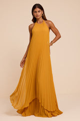 Dorala Golden Yellow Pleated Lace-Up Tiered Maxi Dress