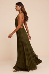 Dorala Olive Pleated Lace-Up Tiered Maxi Dress