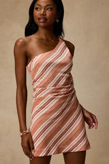 Marketta Terracotta Striped One-Shoulder Mini Dress