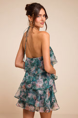 Melody Teal Multi Floral Tiered Halter Mini Dress