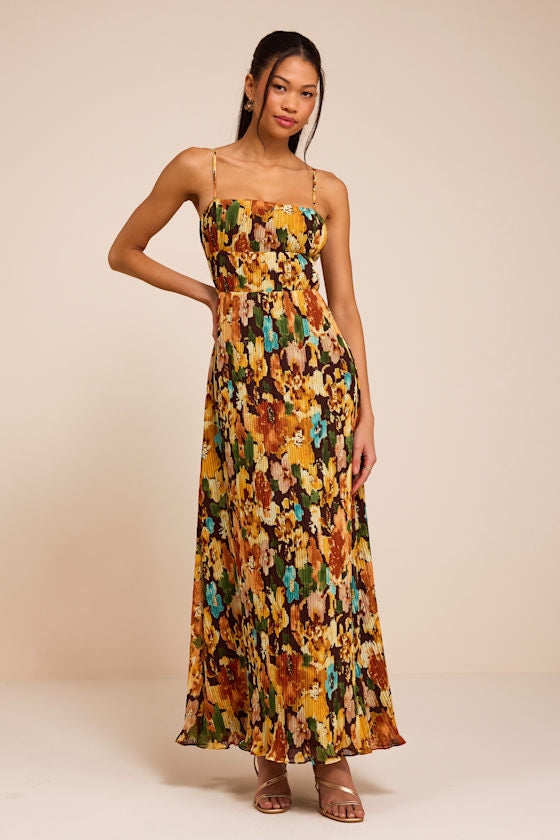 Holloway Brown Multi Floral Pleated Maxi Dress