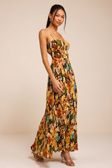 Holloway Brown Multi Floral Pleated Maxi Dress