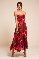Madoria Brown Multi Floral Strapless Midi Dress