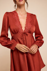 Goldia Rust Red Satin Long Sleeve Babydoll Mini Dress