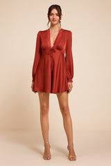 Goldia Rust Red Satin Long Sleeve Babydoll Mini Dress
