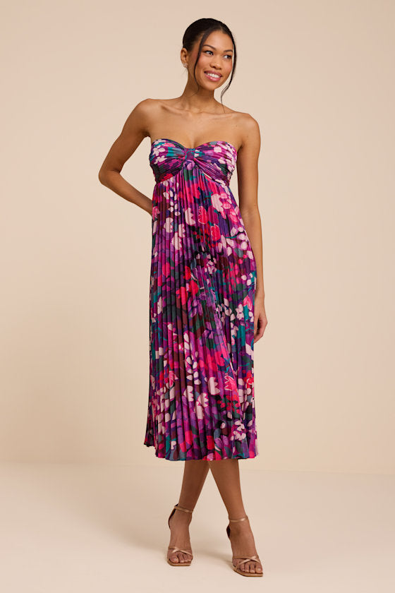 Whimsical Beauty Purple Multi Satin Plisse Strapless Midi Dress