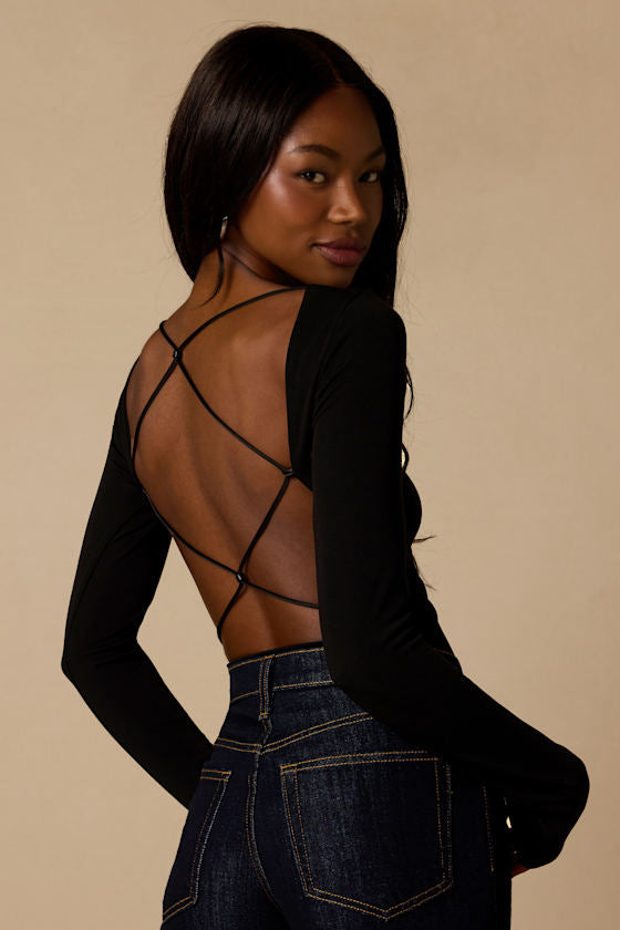 Lusa Black Jersey Knit Lace-Up Bodysuit