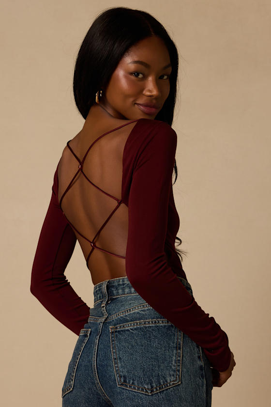 Lusa Maroon Jersey Knit Lace-Up Bodysuit