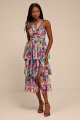 Dayanara Purple Multi Floral Organza Tiered Midi Dress