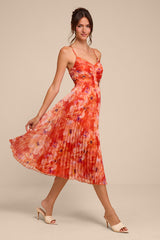 Whitley Orange Floral Pleated Sleeveless Midi Dress