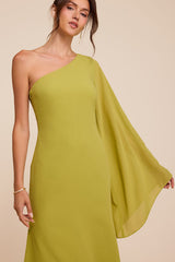 Elizabeth Chartreuse One-Shoulder Bell Sleeve Midi Dress