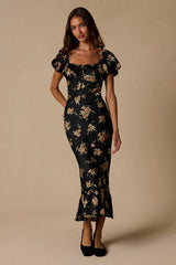 Remarkably Flourishing Black Floral Puff Sleeve Midi Dress