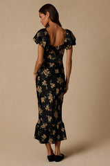 Remarkably Flourishing Black Floral Puff Sleeve Midi Dress