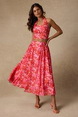 Nashira Pink Multi Floral High-Rise Midi Skirt