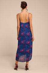 Avi Blue Floral Print Pleated Sleeveless Midi Dress