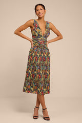 Kelina Black Multi Floral Pleated Drop Waist Midi Dress