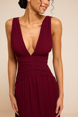 Kelina Burgundy Pleated Drop Waist Midi Dress