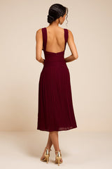 Kelina Burgundy Pleated Drop Waist Midi Dress