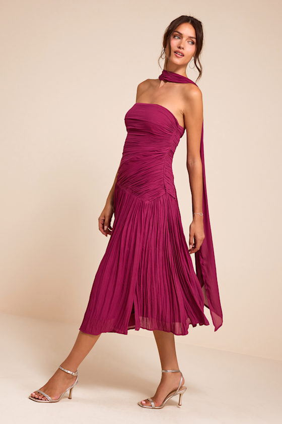 Nellie Berry Pink Pleated Midi Dress and Scarf Set
