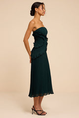 Brylee Emerald Pleated Ruffled Midi Dress