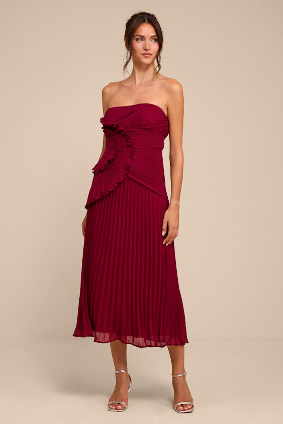 Brylee Burgundy Pleated Ruffled Midi Dress