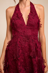 Kennia Burgundy 3D Floral Embroidered Halter Midi Dress